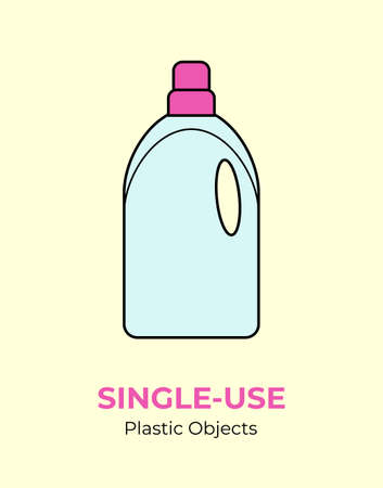 Plastic bottle household chemistry. Vector illustration of single-use recycling plastic bottle. Household plastic houseware. Flat logo for ecological poster, postcard, pollution environment concept.のイラスト素材
