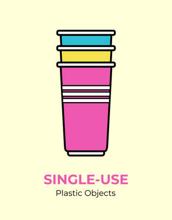 Single-use colored plastic cups. Vector illustration of recycling plastic item. Disposable plastic cup. Isolated pink, blue cup flat logo for ecological poster, postcard, banner. Single-use plastic.のイラスト素材