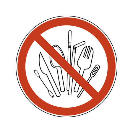 Prohibition sign spoon, fork, knife, stirrer, straws, cotton bud. Single-use plastic cutlery. Ban vector illustration set plastic cutlery flat logo for ecological poster, pollution environment conceptのイラスト素材