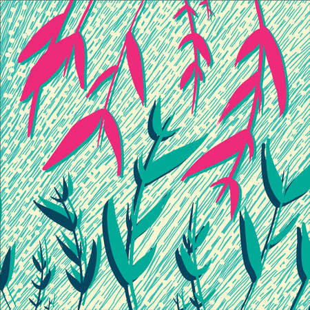 Pink blue flowers grass hand drawn vector yellow background. Tender light vector backdrop flowers banner, website, poster, postcard, card, wallpaper, flyer. Blue, pink yellow hand drawn backgroundのイラスト素材