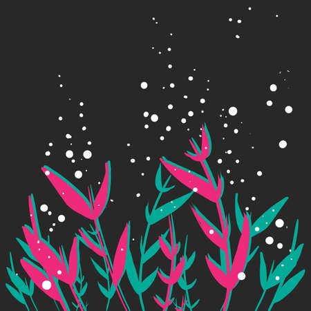 Pink blue flowers grass hand drawn vector black background. Tender night vector backdrop flowers banner, website, poster, postcard, card, wallpaper, flyer. Blue, pink and black hand drawn backgroundのイラスト素材