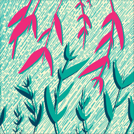 Pink blue flowers grass hand drawn vector yellow background. Tender light vector backdrop flowers banner, website, poster, postcard, card, wallpaper, flyer. Blue, pink yellow hand drawn backgroundのイラスト素材