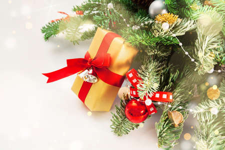 Christmas table decoration banner. Green fir branches candle gift boxes blue balls lights isolated white background. Minimalist home new year decor old style. Xmas concept copy space mock up bannerの写真素材