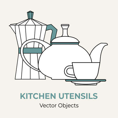 Tea cup teapot moka pot saucer simple form vector illustration. Vector line illustration isolated icon cafe menu banner flayer. Dishware coffee shop. Moka pot coffee mug teapot isolate backgroundのイラスト素材