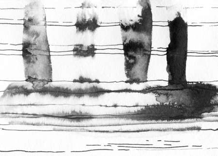 Ink abstract spots, lines. Hand drawn minimalistic illustration for card, background, poster. Hand drawn watercolor spots and drops. Black and white ink texture. Grunge background black paint texture.の写真素材