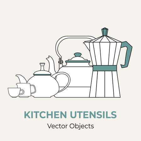 Beverage coffee tea set concept vector isolated. Tea pot kettle cup jug moka pot coffeemaker simple form. Line illustration logo icon cafe menu banner flayer. Pots set coffee shop isolated backgroundのイラスト素材