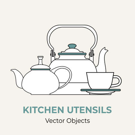 Beverage coffee tea set concept vector isolated. Kettle tea cup saucer teapot simple form line illustration. Logo icon cafe menu banner coffee shop. White kettle teapot demitasse isolated backgroundのイラスト素材