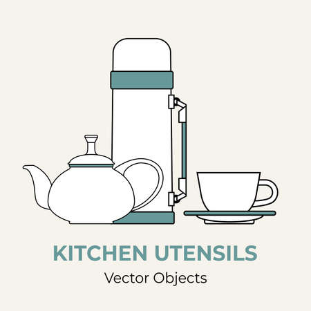 Beverage coffee tea set concept vector isolated. Tea pot   bottle cup simple form. Line illustration logo icon cafe menu banner flayer. White utensils coffee shop isolated backgroundのイラスト素材