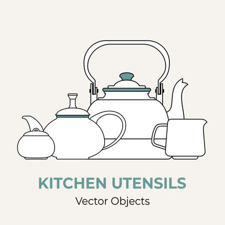 Kettle tea cup saucer sugar bowl simple form vector illustration. Line illustration isolated logo icon cafe menu banner. White pot for coffee shop. Kettle teapot demitasse sugar pot isolate backgroundのイラスト素材