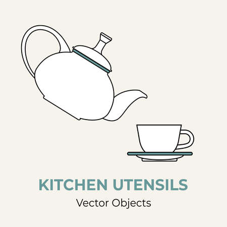 Tea cup pot saucer simple form vector illustration. Vector line illustration isolated logo icon cafe menu banner flayer. Dishware logo coffee shop. Cup demitasse coffee mug teapot isolated backgroundのイラスト素材