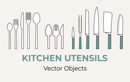 Cutlery kitchen utensils vector isolated set. Spoons forks dinner kitchen knives vector line illustration icon cafe menu banner flayer.のイラスト素材