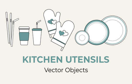 Kitchen utensils vector isolated set. Plastic plates, straws, potholders, disposable paper cups vector line illustration logo icon cafe menu banner flayer.のイラスト素材