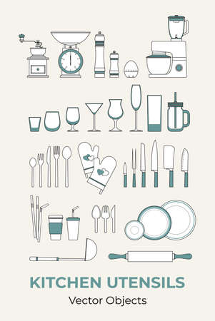 Kitchen utensils set concept vector isolated. Kitchenware glassware cutlery home restaurant. Line illustration icon banner flyer. Tableware dinnerware set isolate. Retro cooking tools appliancesのイラスト素材