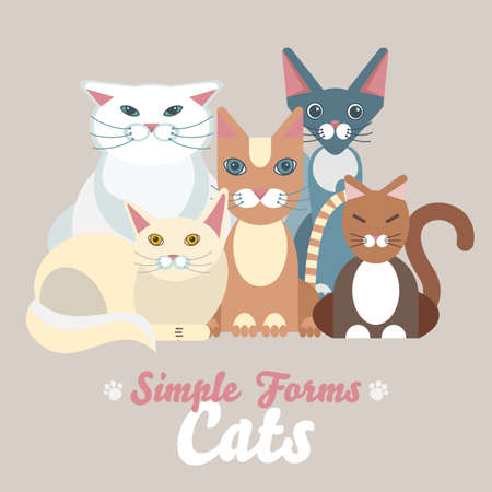 Flat cats isolated vector set. Cartoon illustration domestic cats logo icons. Art symbol constructor fun adorable pets. Sign flat style portrait silhouette modern different abstract friendly cute catのイラスト素材
