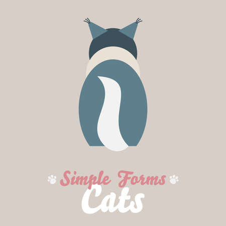 Flat black white cat sitting back view isolate vector. Cartoon illustration domestic blue cat logo icon. Art symbol adorable pet. Sign flat style portrait modern abstract friendly blue grey cute catのイラスト素材