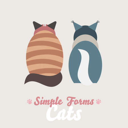 Flat cats sitting back view isolated vector. Cartoon illustration domestic tabby red and black white cats logo icon. Art symbol adorable pets. Sign flat style portrait abstract friendly brown cute catのイラスト素材