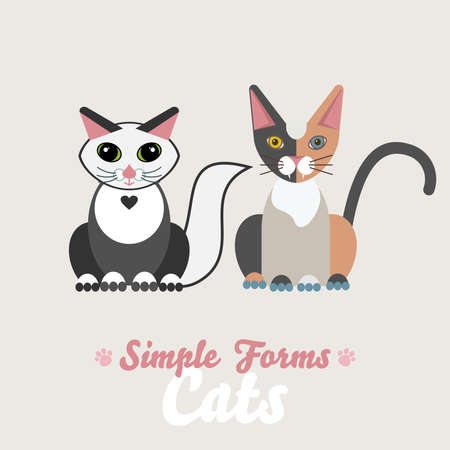 Flat cats sitting front view isolated vector. Cartoon illustration domestic black and white and red black chimera cats logo icon. Art symbol adorable pets. Sign flat style portrait cute catsのイラスト素材