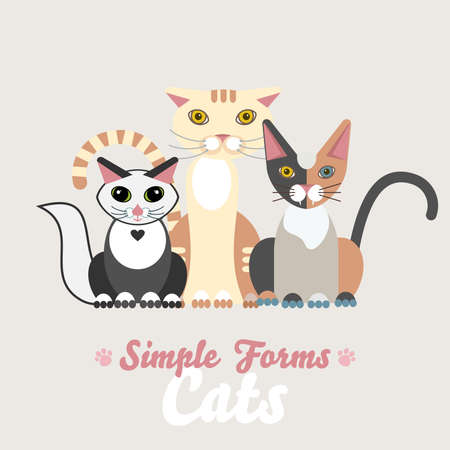 Flat cats isolated vector set. Cartoon illustration domestic cats logo icons. Art symbol constructor fun adorable pets. Sign flat style portrait silhouette modern different abstract friendly cute catのイラスト素材