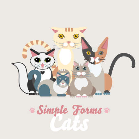 Flat cats isolated vector set. Cartoon illustration domestic cats logo icons. Art symbol constructor fun adorable pets. Sign flat style portrait silhouette modern different abstract friendly cute catのイラスト素材