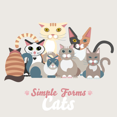 Flat cats isolated vector set. Cartoon illustration domestic cats logo icons. Art symbol constructor fun adorable pets. Sign flat style portrait silhouette modern different abstract friendly cute catのイラスト素材