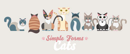 Flat cats family isolated vector set. Long banner cartoon illustration domestic cats. Logo icons art symbols fun adorable pets. Sign flat style modern portrait different isolated friendly cute catsのイラスト素材