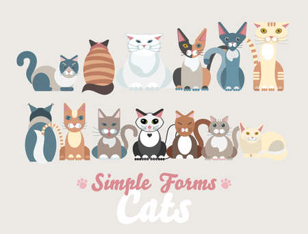 Flat cats family isolated vector set. Long banner cartoon illustration domestic cats. Logo icons art symbols fun adorable pets. Sign flat style modern portrait different isolated friendly cute catsのイラスト素材