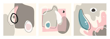 Geometric social media background set, abstract pastel vector shapes. Contemporary abstract posters set. Modern fluid doodles, graphic forms. Decorative banner, art poster in pastel blue, pink, brownのイラスト素材