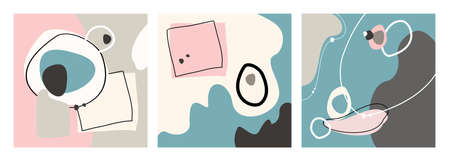 Geometric social media background set, abstract pastel vector shapes. Contemporary abstract posters set. Modern fluid doodles, graphic forms. Decorative banner, art poster in pastel blue, pink, brownのイラスト素材