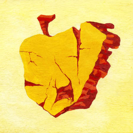 Brick wall watercolor illustration. Piece of old yellow wall red bricks hand drawn. Strange object sketch ink style. Painted brick wall, yellow background, contemporary conceptual artの写真素材