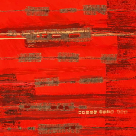 Abstract illustration red fabric applique. Ethnic background with canvas patches. Colorful grungy boho background. Hand drawn illustration with ethnic patchwork for card, poster, backdrop, print.の写真素材