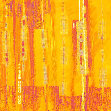 Abstract illustration orange fabric applique. Ethnic background with canvas patches. Colorful grungy boho background. Hand drawn illustration with ethnic patchwork for card, poster, backdrop, print.の写真素材