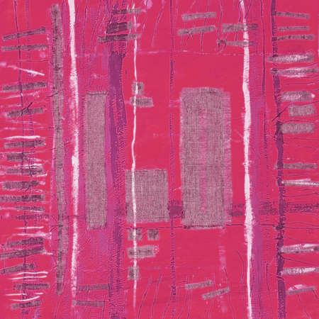 Abstract illustration pink fabric applique. Ethnic background with canvas patches. Colorful grungy boho background. Hand drawn illustration with ethnic patchwork for card, poster, backdrop, print.の写真素材