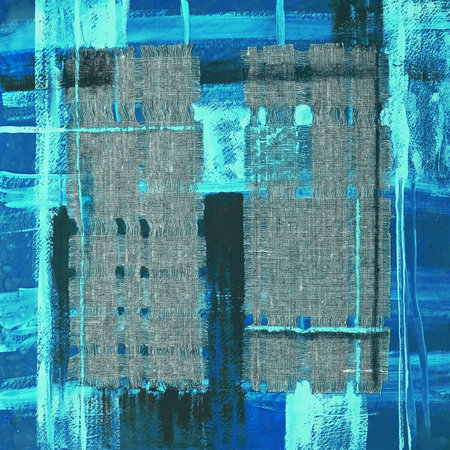 Abstract illustration blue fabric applique. Ethnic background with canvas patches. Colorful grungy boho background. Hand drawn illustration with ethnic patchwork for card, poster, backdrop, print.の写真素材