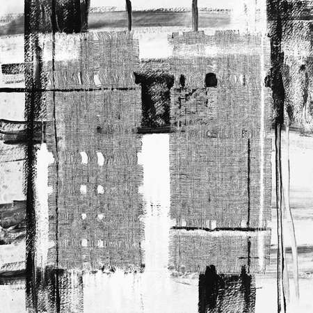 Abstract illustration black and white fabric applique. Ethnic background canvas patches. Colorful grungy boho background. Hand drawn illustration ethnic patchwork for card, poster, backdrop, print.の写真素材