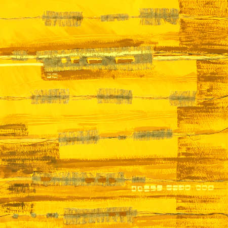 Abstract illustration yellow fabric applique. Ethnic background with canvas patches. Colorful grungy boho background. Hand drawn illustration with ethnic patchwork for card, poster, backdrop, print.の写真素材