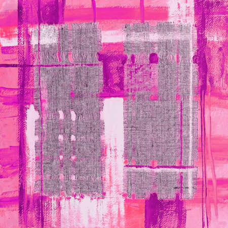 Abstract illustration pink purple fabric applique. Ethnic background with canvas patches. Colorful grungy boho background. Hand drawn illustration with ethnic patchwork card, poster, backdrop, print.の写真素材