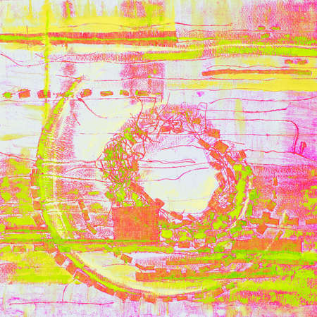 Abstract illustration yellow pink blue fabric applique. Ethnic background canvas patches. Colorful grungy boho background. Hand drawn illustration ethnic patchwork for card, poster, backdrop, print.の写真素材