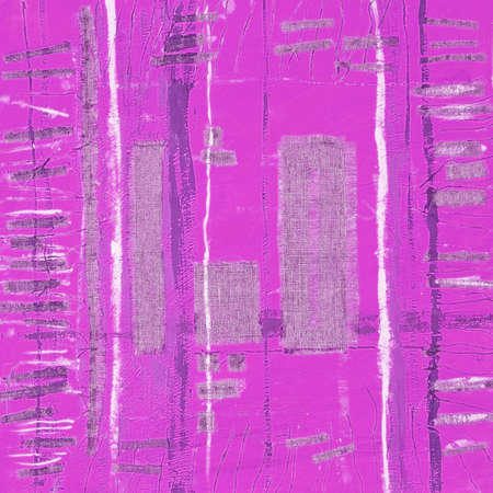 Abstract illustration purple fabric applique. Ethnic background with canvas patches. Colorful grungy boho background. Hand drawn illustration with ethnic patchwork for card, poster, backdrop, print.の写真素材