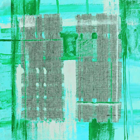 Abstract illustration blue green fabric applique. Ethnic background canvas patches. Colorful grungy boho background. Hand drawn illustration with ethnic patchwork for card, poster, backdrop, print.の写真素材