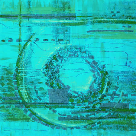 Abstract illustration blue fabric applique. Ethnic background with canvas patches. Colorful grungy boho background. Hand drawn illustration with ethnic patchwork for card, poster, backdrop, print.の写真素材