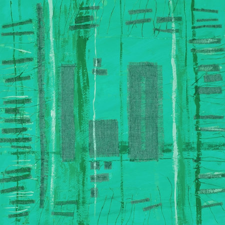 Abstract illustration green fabric applique. Ethnic background with canvas patches. Colorful grungy boho background. Hand drawn illustration with ethnic patchwork for card, poster, backdrop, print.の写真素材