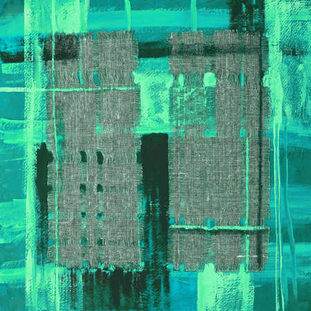 Abstract illustration green fabric applique. Ethnic background with canvas patches. Colorful grungy boho background. Hand drawn illustration with ethnic patchwork for card, poster, backdrop, print.の写真素材