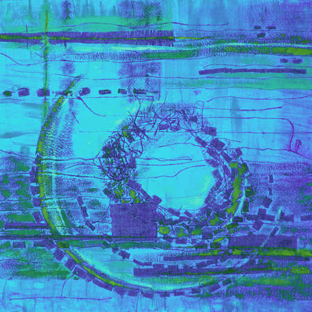 Abstract illustration blue purple fabric applique. Ethnic background canvas patches. Colorful grungy boho background. Hand drawn illustration with ethnic patchwork for card, poster, backdrop, print.の写真素材