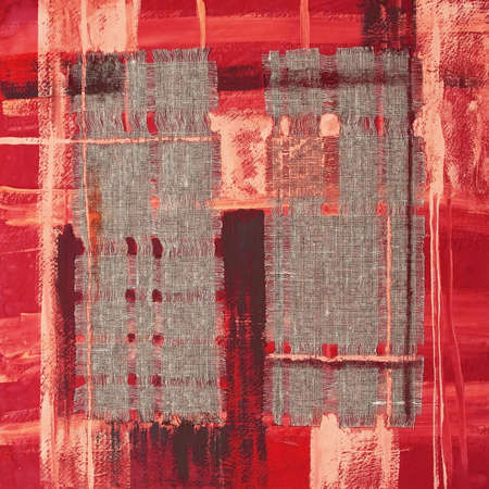 Abstract illustration red fabric applique. Ethnic background with canvas patches. Colorful grungy boho background. Hand drawn illustration with ethnic patchwork for card, poster, backdrop, print.の写真素材