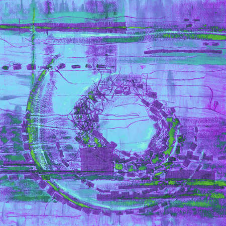 Abstract illustration blue purple fabric applique. Ethnic background canvas patches. Colorful grungy boho background. Hand drawn illustration with ethnic patchwork for card, poster, backdrop, print.の写真素材