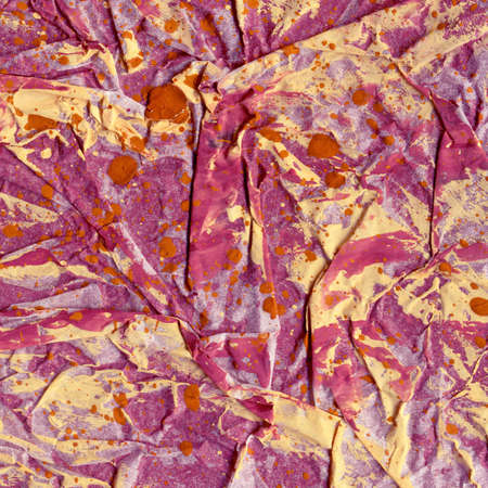 Contemporary abstract art illustration. Wrinkled paper texture paint drops. Colorful background expressive impressionist modern painting banner postcard poster. Bright grungy colored paper texture.の写真素材
