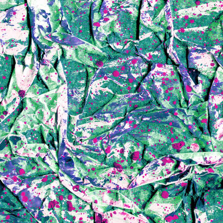 Contemporary abstract art illustration. Wrinkled paper texture paint drops. Colorful background expressive impressionist modern painting banner postcard poster. Bright grungy colored paper texture.の写真素材