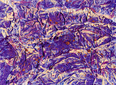 Contemporary abstract art illustration. Wrinkled paper texture paint drops. Colorful background expressive impressionist modern painting banner postcard poster. Bright grungy colored paper texture.の写真素材