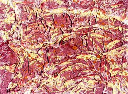 Contemporary abstract art illustration. Wrinkled paper texture paint drops. Colorful background expressive impressionist modern painting banner postcard poster. Bright grungy colored paper texture.の写真素材