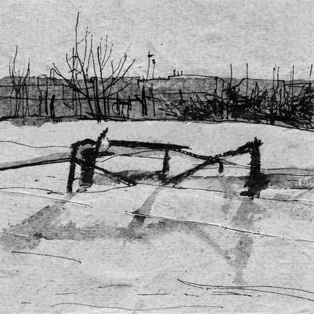 Scenery graphic landscape hand drawn illustration. Black and white winter landscapeの写真素材